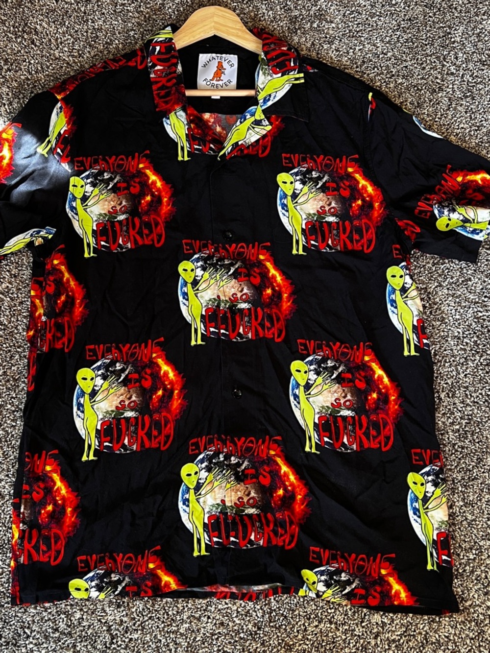 NEW Whatever Forever Black Short Sleeve Alien Flame Button-Down Shirt